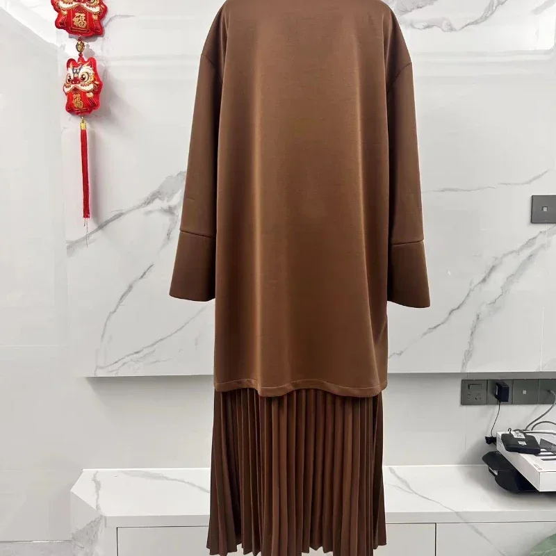 Autumn Women\'s Casual Skirt Set Camel Solid O-neck Flare Sleeves Loose Top Retro Temperament Folds Long Skirts Suit For Female