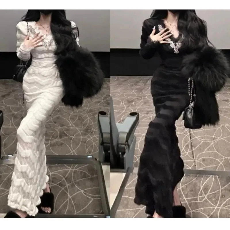 

French Elegance Temperament Premium Rhinestone Lace Dress 2025 Velvet Autumn and Winter New Waist and Thin Skirt