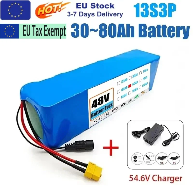 Batterie lithium-ion rechargeable 13S3P 48V 20Ah avec BMS et chargeur 54.6V pour moteur de vélo électrique, scooter ou trottinette 2000W