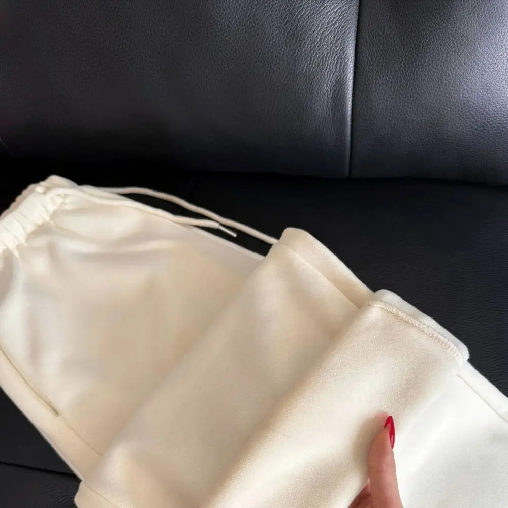 Ladies Winter Thickened Wide Leg Pants High Waist Loose Straight Sweatpants Drawstring Casual Warm Trousers Comfortable Bottoms
