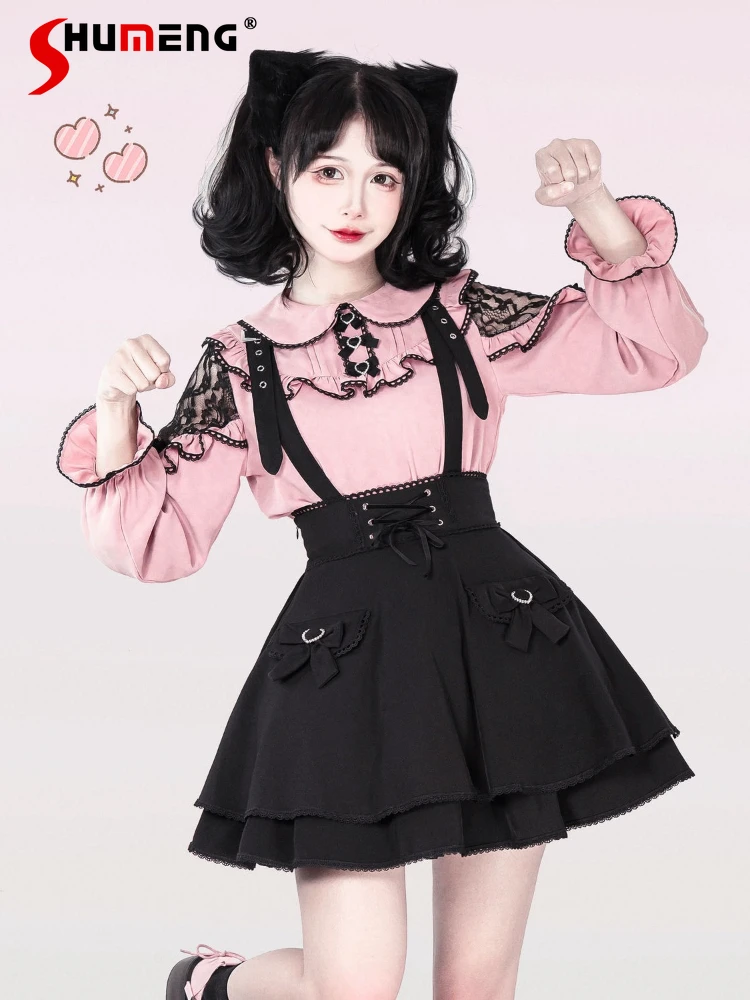 

Japanese Mine Style Ruffled Bow Off Shoulder Long Sleeve Doll Collar Shirt Tops High Waist Lace-up A-line Suspender Skirt Women