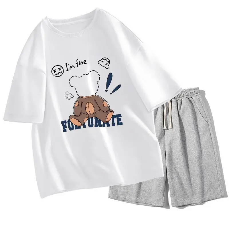 

Summer Bear Print Short-sleeved Top Set Korean Version Fashion with A Set of Clothes Large Size T-shirt Pants