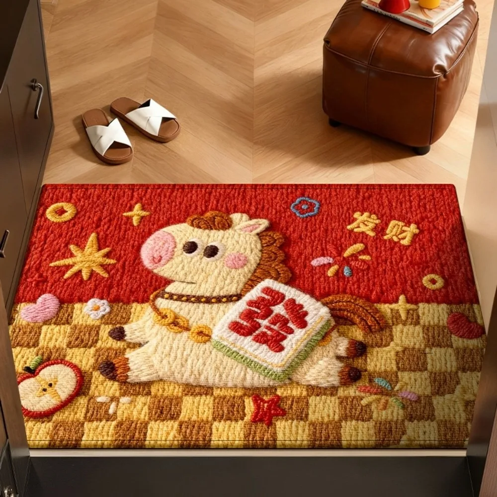 

Weaving Texture Horse Floor Mat Blessing Words Quick Dry 2026 New Year Anti Slip Mat Soft Convenient Pony Door Mat