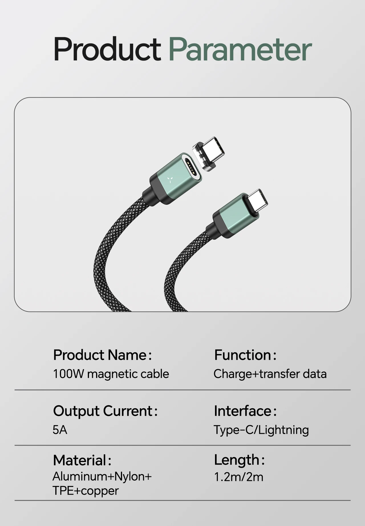 Magnetic USB C Charging Cable 1.2M 100W Type C to Type C Cables Nylon Braided Data Transfer Fast Charging Cord