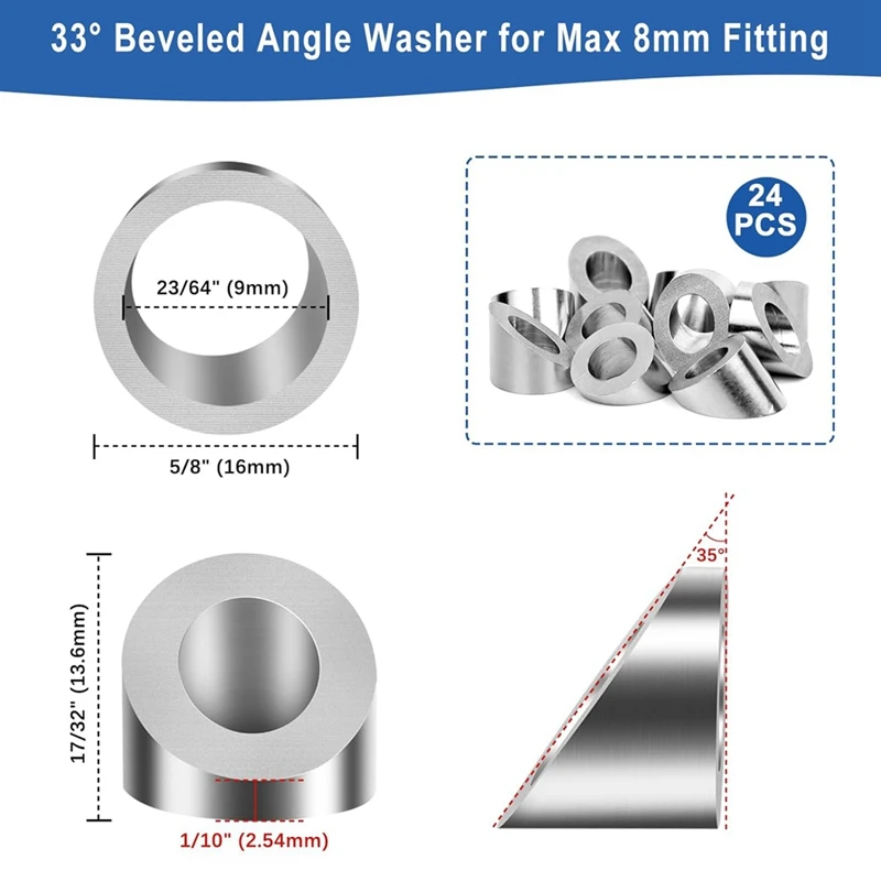 24Pack Beveled Angle Washers 9Mm, 33° Handrail Angle Washer Max For 8Mm Cable Railing Hardware Kit, For Stair Deck Metal