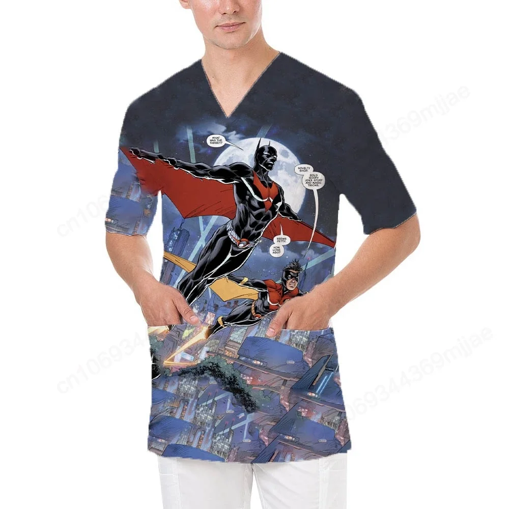 2024 Summer New V-neck Design Style Men's Casual Nurse Uniform with Double Pocket Design Marvel Character Pattern Print T-shirt