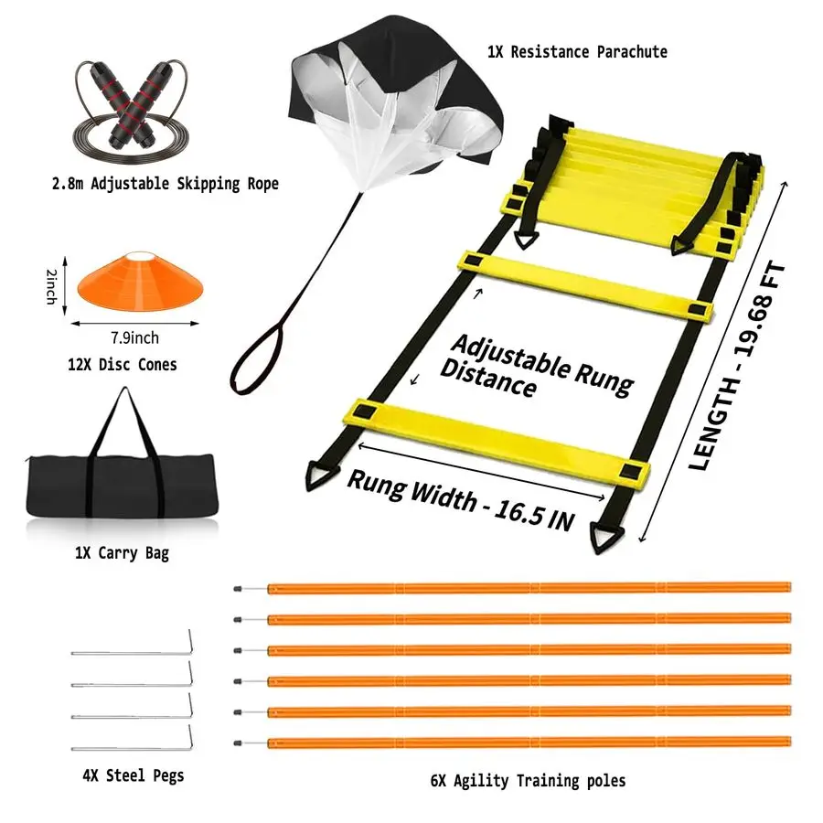 معدات تدريب خفة الحركة أمبير سلم خفة الحركة بطول 20 قدمًا، 6 أقطاب، 12 مخروطًا لكرة القدم، مظلة مقاومة، حبل القفز، كرة القدم