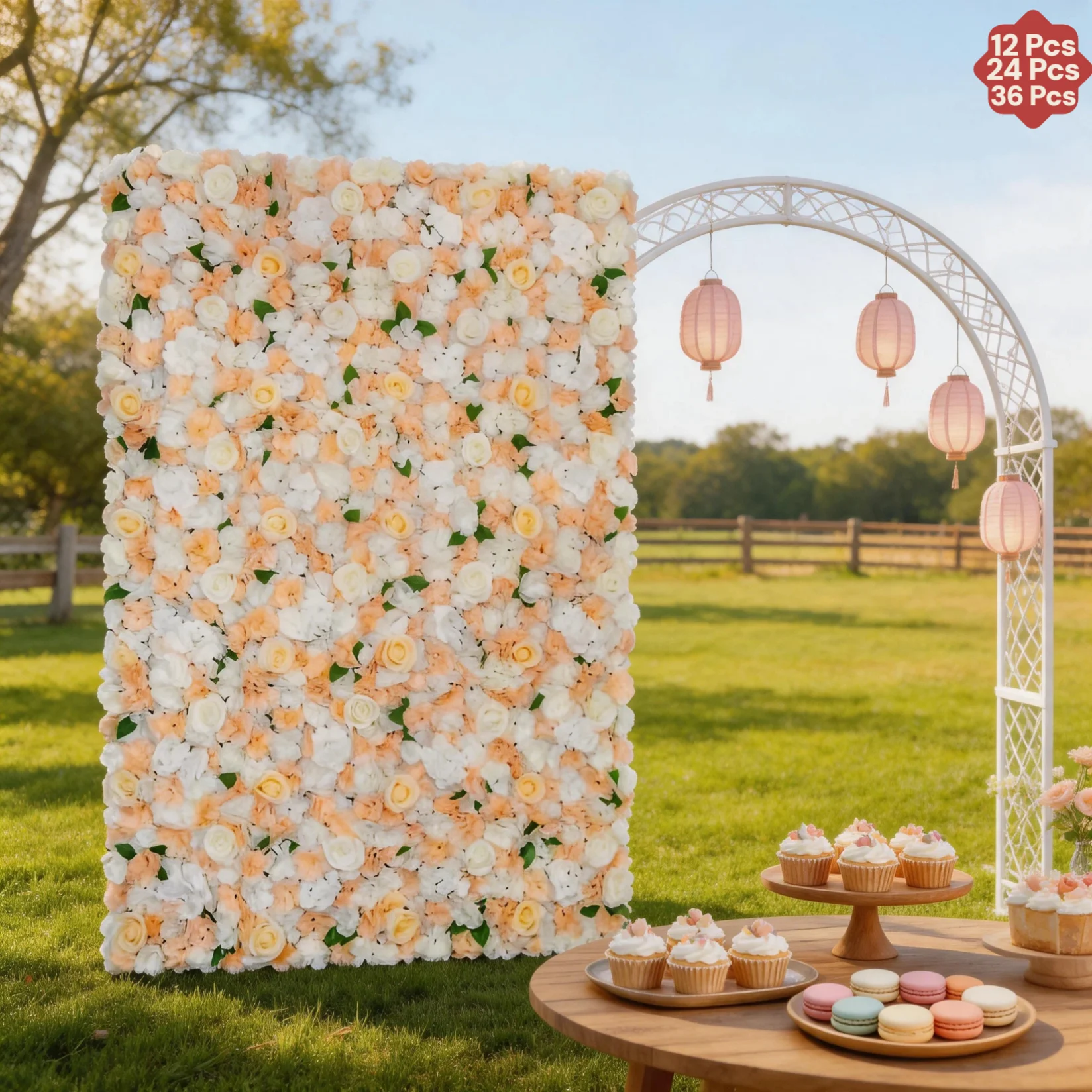 

12/24/36Pack-15"x15" Champagne White Flower Wall Backdrop,Artificial Silk Rose Floral Panels for Wedding Ceremony Arch Bridal Shower Birthday Party Photo Booth Backdrop Decoration