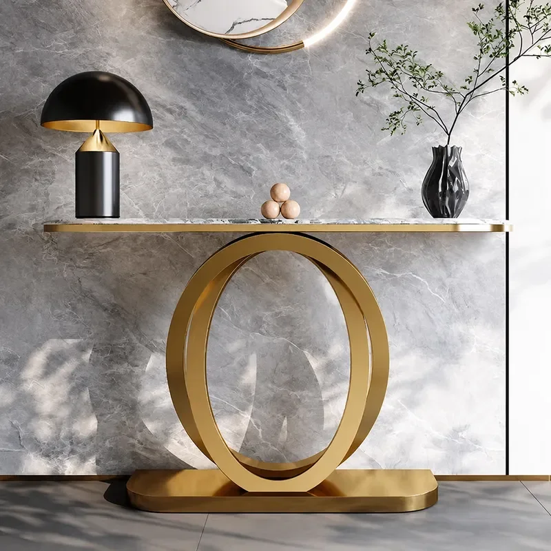 Stainless Steel Slate Marble Console Table Double Round Entrance Cabinet High End Light Luxury Electroplating Finish