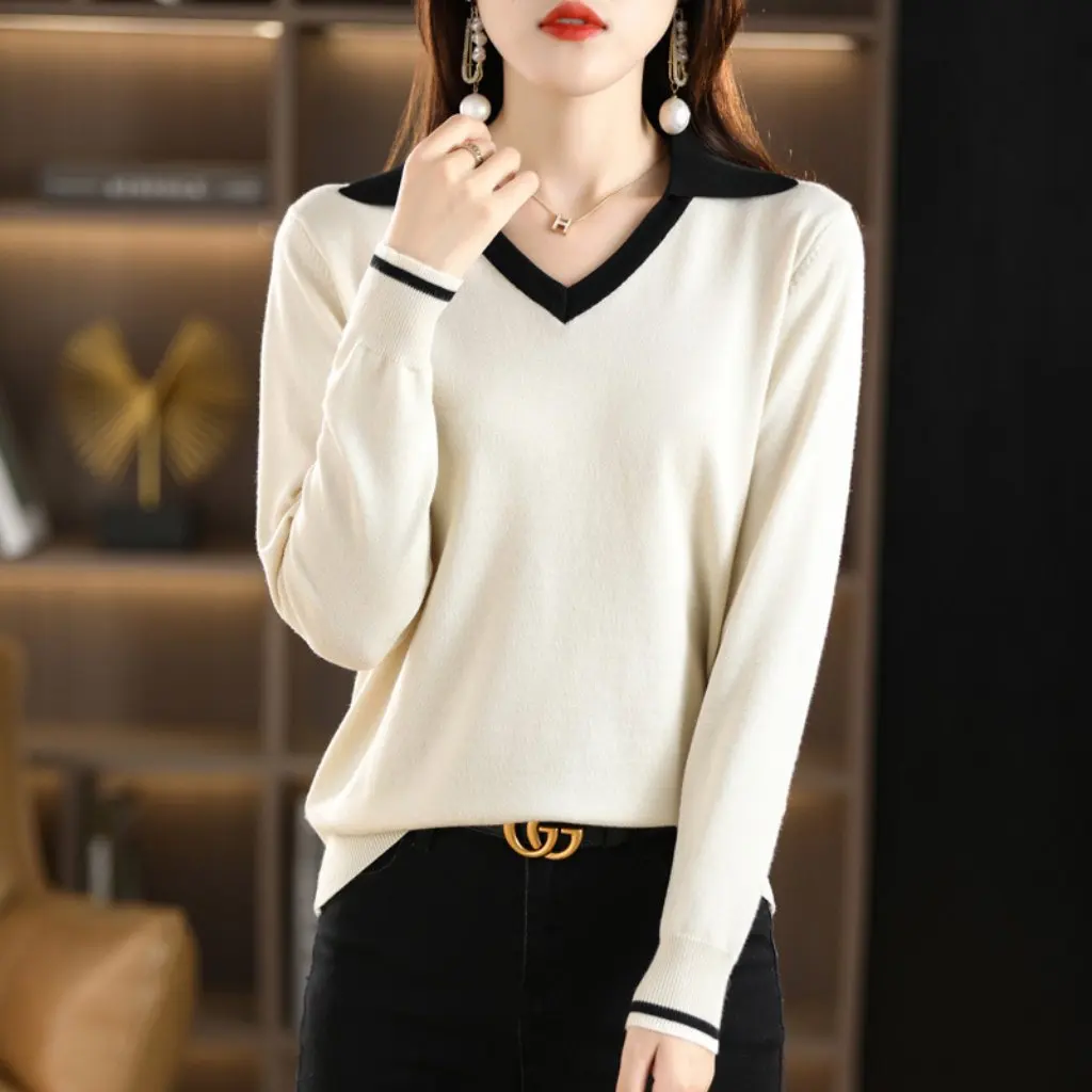 

Women's Mercerized Cotton Long Sleeve Sweater Autumn Polo Collar Jacket Bottoming T-Shirt Factory Wholesale