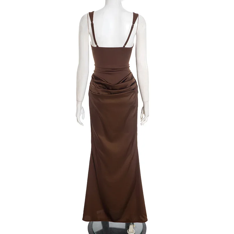 Elegante Y2K laag uitgesneden maxi-jurk voor dames bodycon ruches mouwloos backless sexy herfst winter party club jurken outfit cadeau