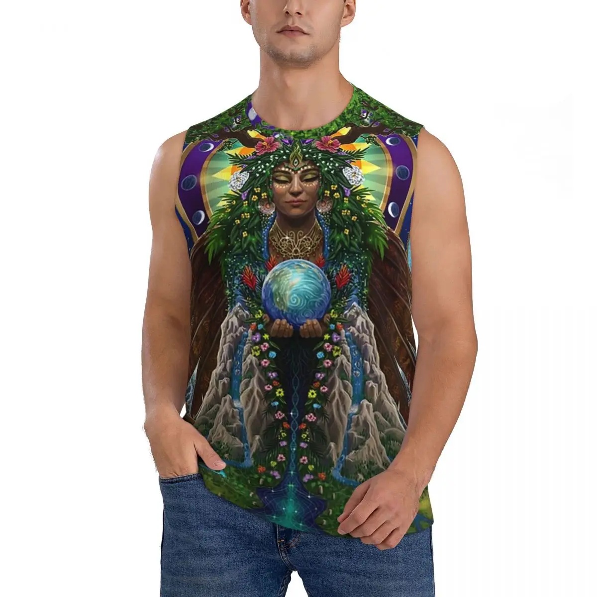 Gaia Sacred System Men Sleeveless Tank Tops Quick Dry Breathable Gym Fitness Running Summer Casual Sport Vest