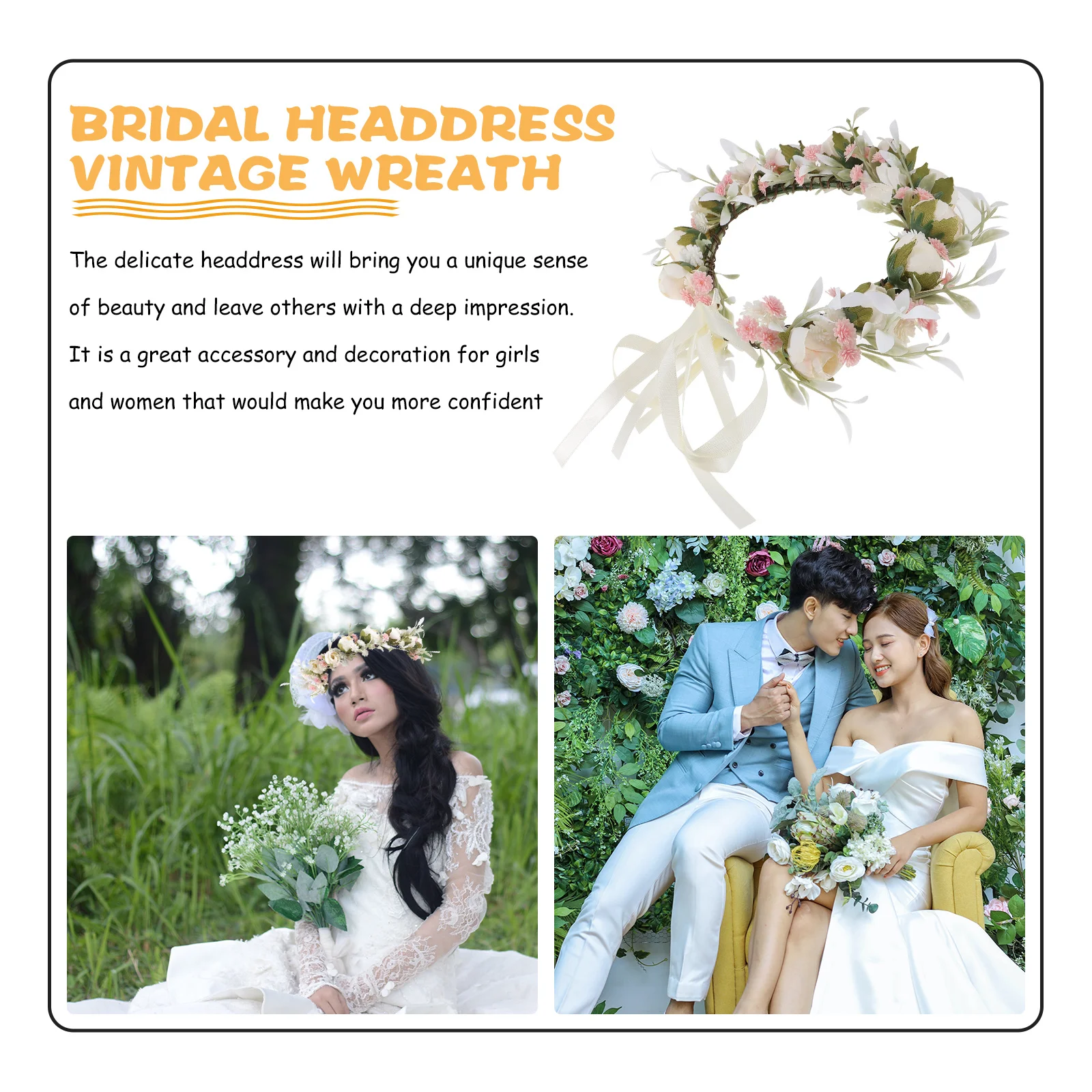 الرجعية الزهور إكليل بسط القماش هيرباند العروس حفل زفاف غطاء الرأس صور الدعامة الزفاف جارلاند أغطية الرأس الأزهار #3