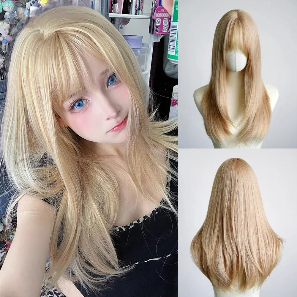 

Synthetic Women Wigs with Bangs Blonde Long Straight Lolita Cosplay Fluffy Heat Resistant Wig for Daily Party
