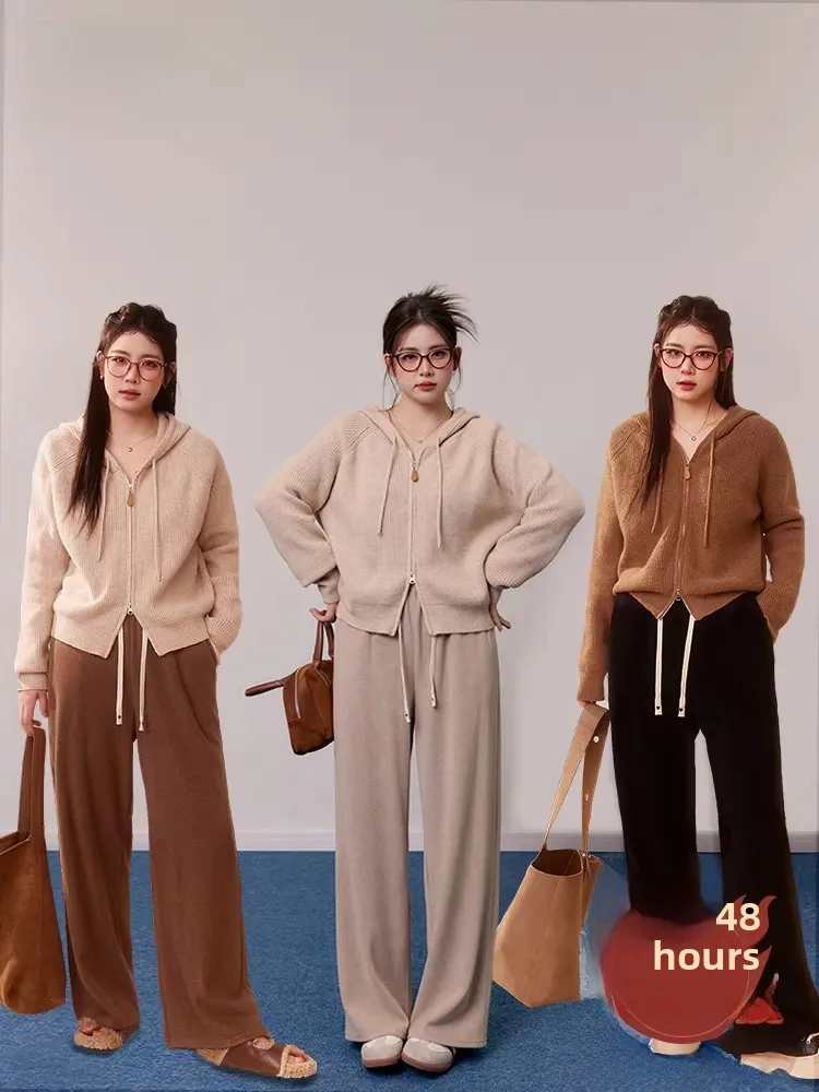 

Женский модный комплект больших размеров, свободные брюки с рисовой лапшой, базовый слой, свитер с эффектом похудения, осень-зима, Новое поступление, корейский слэ