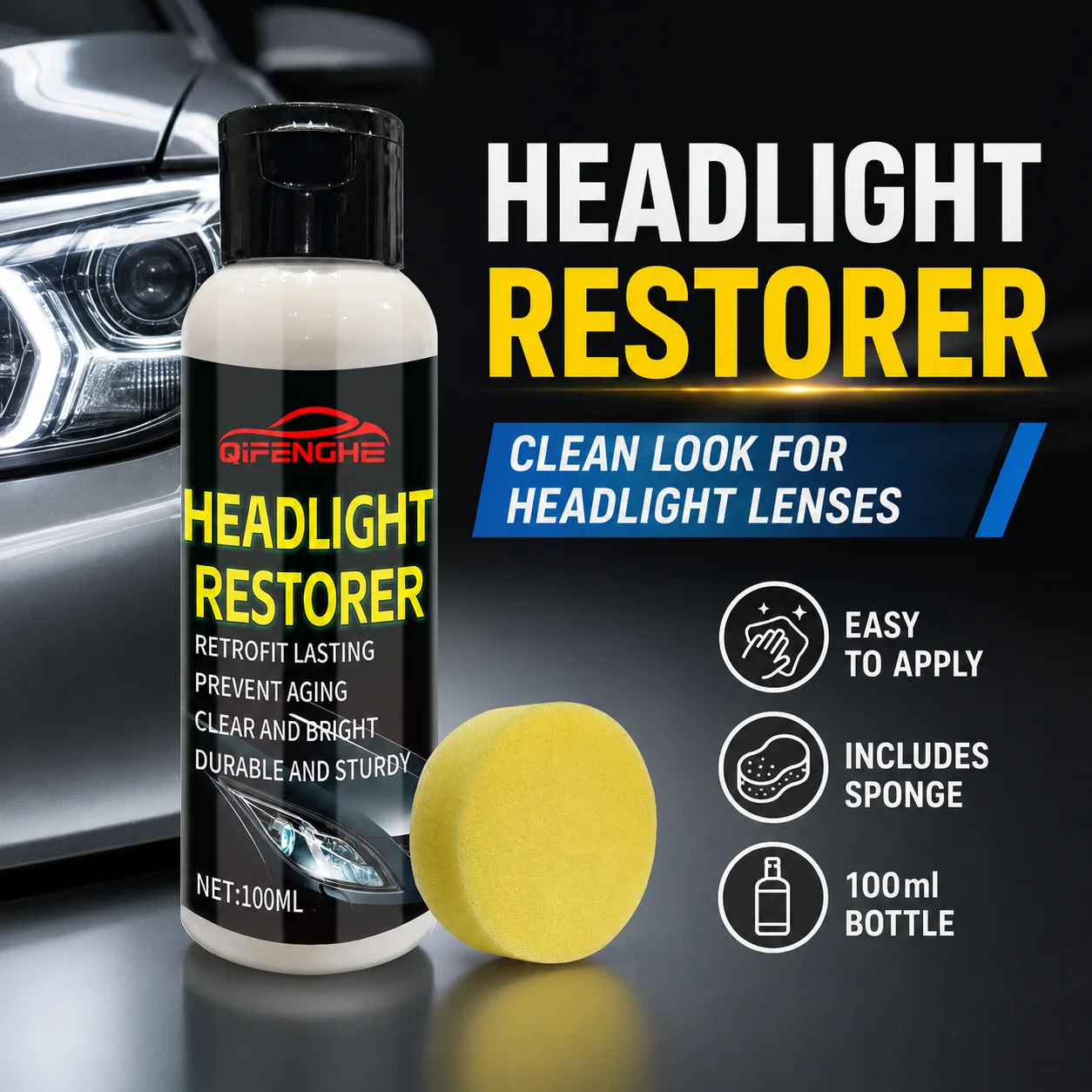 QIFENGHE 100ml Car Headlight Restorer Emulsion, Eliminates Oxidation Yellowing, Restores Clarity & Prevents Aging with Free Spon