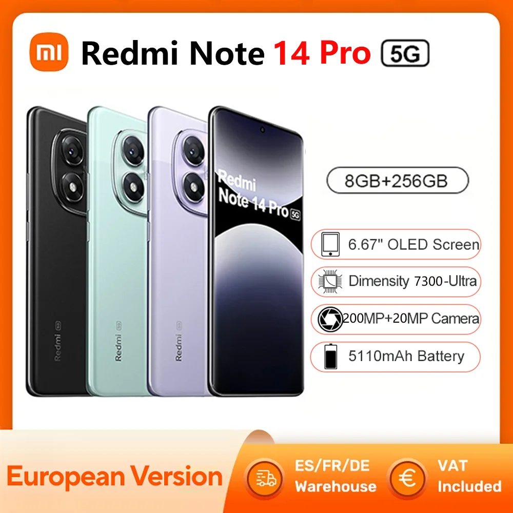 Xiaomi Redmi Note 14 Pro 5G Smartphone NFC-Abmessung 7300-Ultra 6,67 Zoll 120 Hz 1,5 K Display 200 MP Kamera 45 W Akku aufladen 5100 mAh