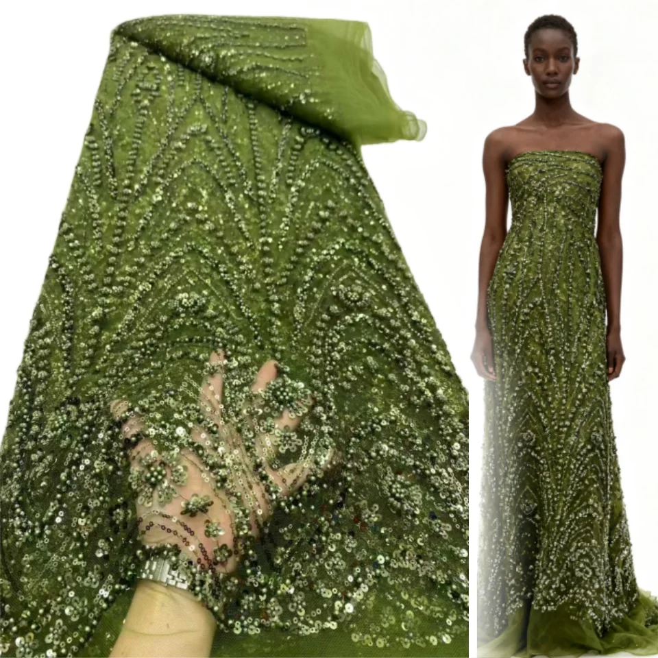 

2026 African Nigerian High-Quality Sequins Beaded Tulle Lace Fabric for Prom Dresses Beads Embroidery Sewing Net Cloth AH1774