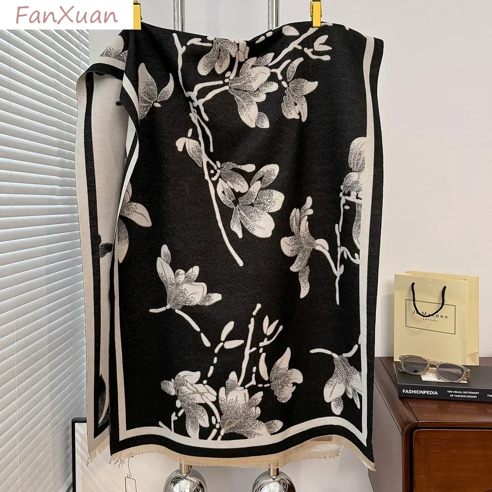 Floral Printing Large Scarf Shawl Women Autumn Winter Long Scarves Female Gift Chinease Magnolia Flower Luxury Poncho Foulard