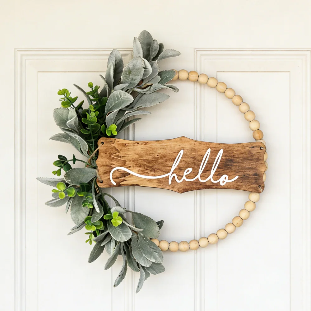 

Modern Hello Artificial Wood Bead Wreath Home Door Wall Window Garden Decor Faur Greenery Garland Rattan Decoration Sign