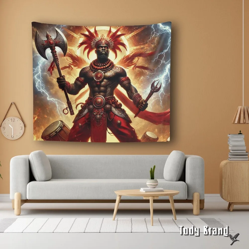 Vibrant Shango Tapestry God of Thunder and Justice Yoruba Art Wall Decor Aesthetic Backdrop for Ceremonies Festival