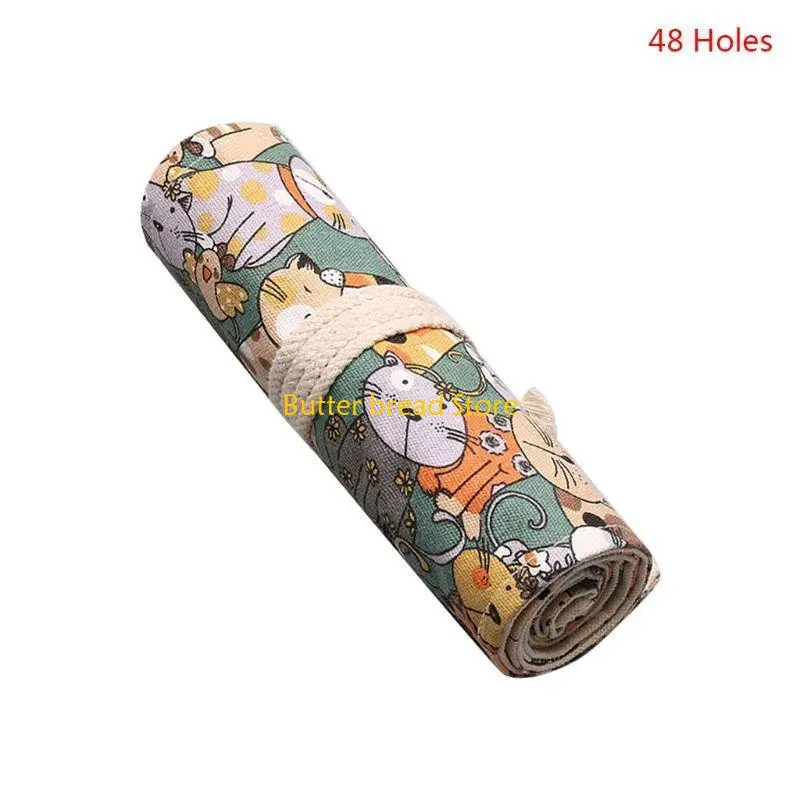 W89C Cartoon для кошки 24.12.36/48/72 Отверстия Canvas Roll Pen Crencil Bag для корпуса для макияжа держатель для хранения