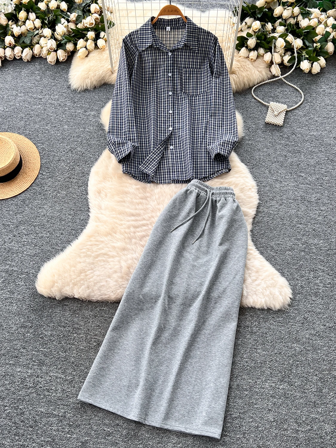 Conjunto de Csa de Manga Larga a Cuadros Estilo Coreano Informal y Ceco sin Mangas con Falda Midi de Cintura Alta, Conj...