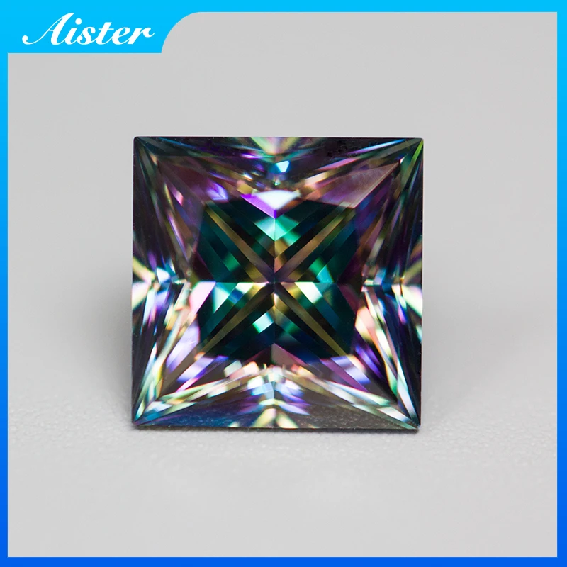 New Rainbow Color Moissanite Stone Princess Cut GRA Certified Moissanite Loose Gems Pass Diamond Tester for Jewelry Making