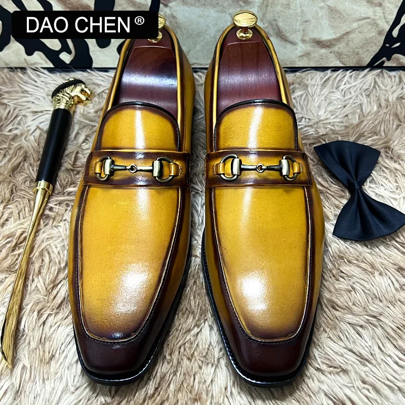 ITALIAN REAL LEATHER SHOES MEN BLACK YELLOW LUXURY HORSEBIT SHOE CASUAL DRESS MAN SHOES WEDDING OFFICE BANQUET LOAFERS FOR MEN