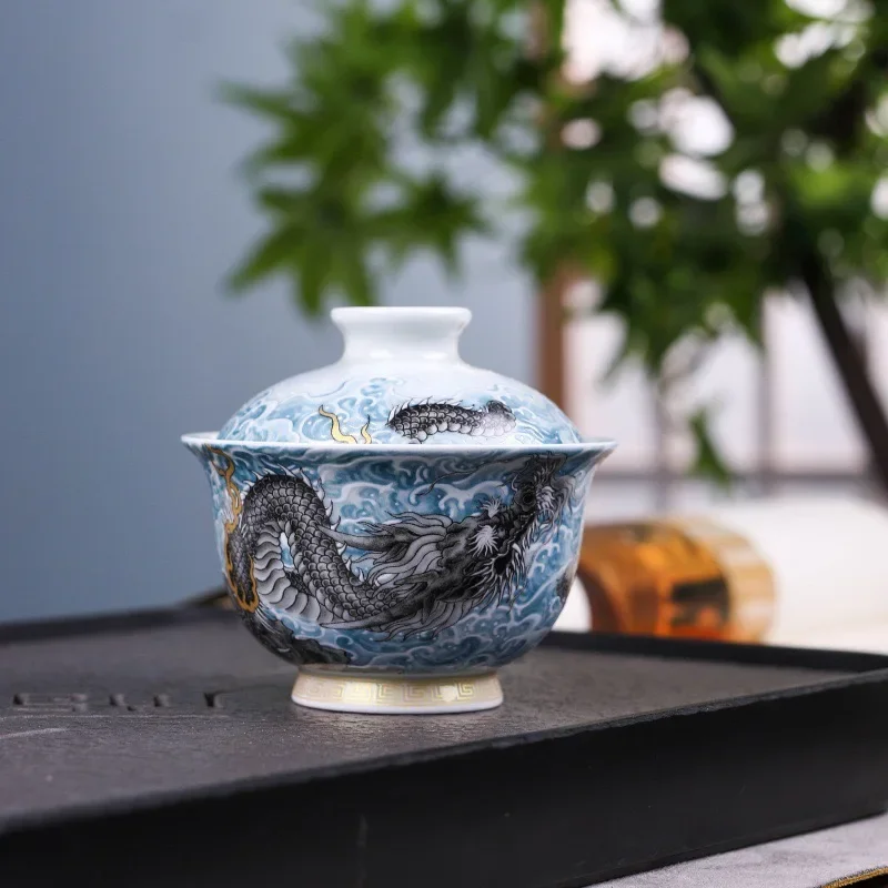 Jingdezhen Pastel Blue Sea Water Dragon Kung Fu TeaSet Cover Bowl Press Cup Cover Installation Master Cup Pot Holder Ornaments