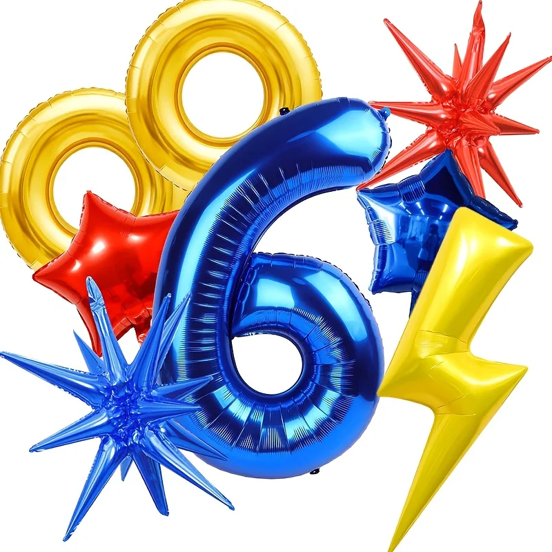 Ensemble de 8 ballons à thème rouge, bleu et jaune, ballons étoiles bleues pour fête à thème hérisson bleu, fournitures pour fête d'anniversaire, décoration de la maison