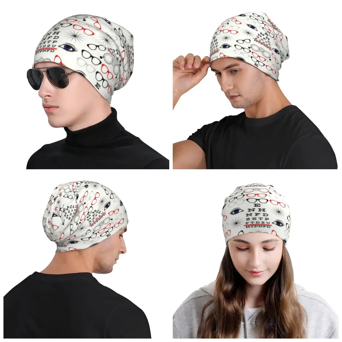 Divertente ottico optometrista Skullies berretti berretti Hip Hop inverno uomo cappello lavorato a maglia adulto Unisex occhio Test grafico cappelli cofano