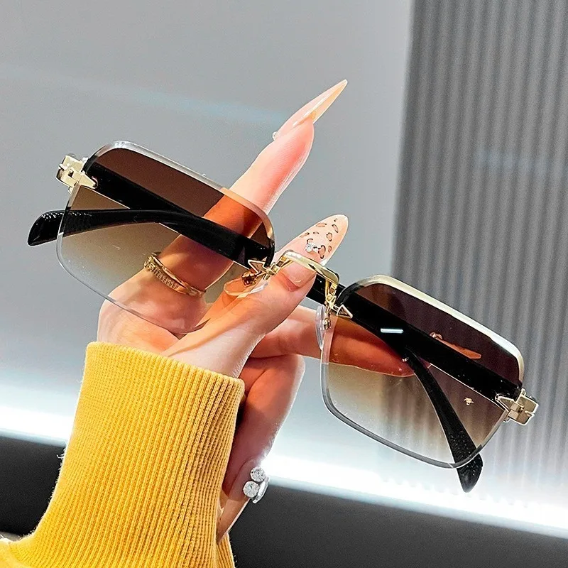 1pcs Unisex Rimless Metal Rectangular Sunglasses, Polycarbonate UV lenses. Lightweight, comfortable, for business & casual wear. - view 3