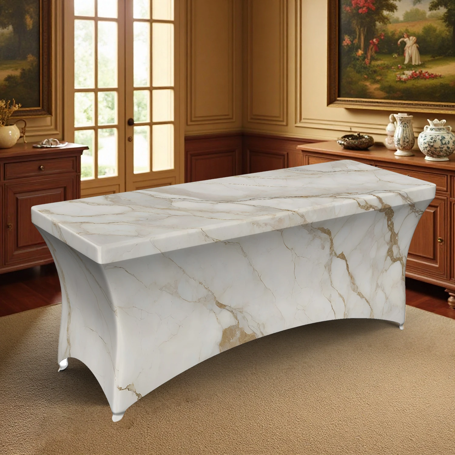 1PC Luxury White Marble with Gold Veins Stretch Tablecloth, 4/6/8FT Rectangular Elastic Table Cover for Summer