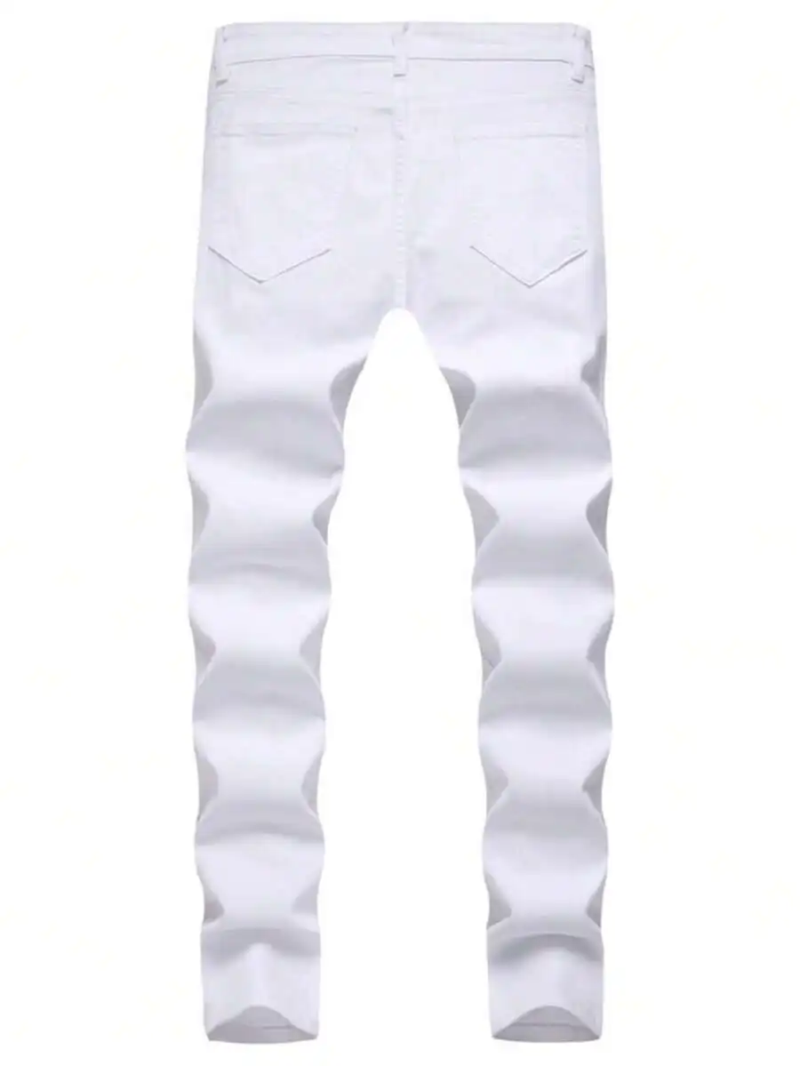 Mens Distressed White Denim Skinny Jeans Pencil Pants Biker Style