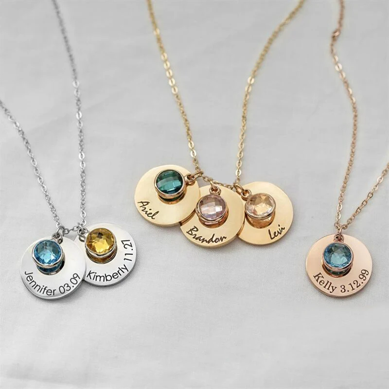 

Personalized Customized Engraved Baby Name Date Pendant Necklace Birthstone Gemstone Mother's Day Gift Ideas for Women Jewelry