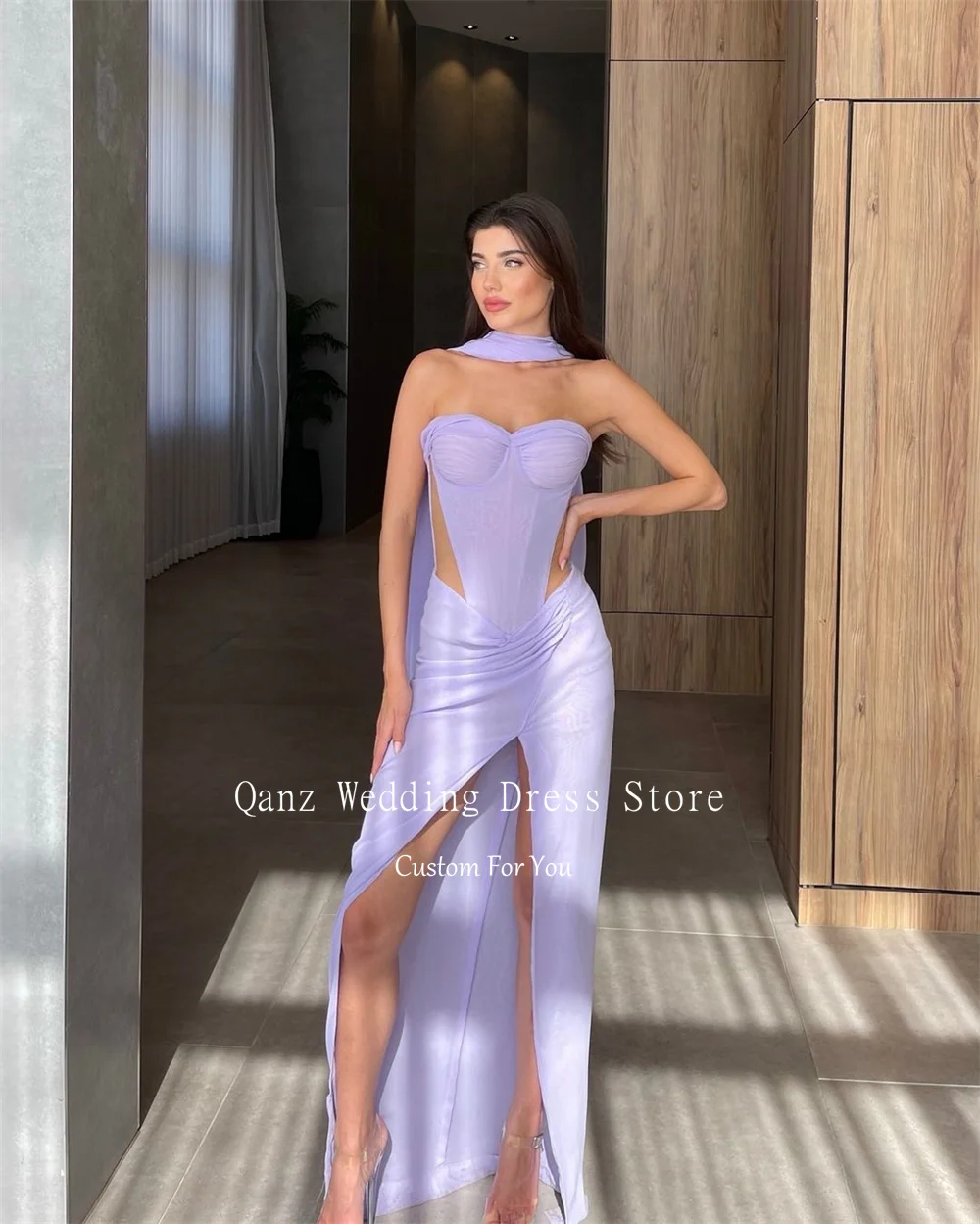 Qanz Lilac Sexy Evening Dresses Strapless Customized High Slit Prom Dress Lace Up Back Vestido De Festas Elegante Casamento 2025