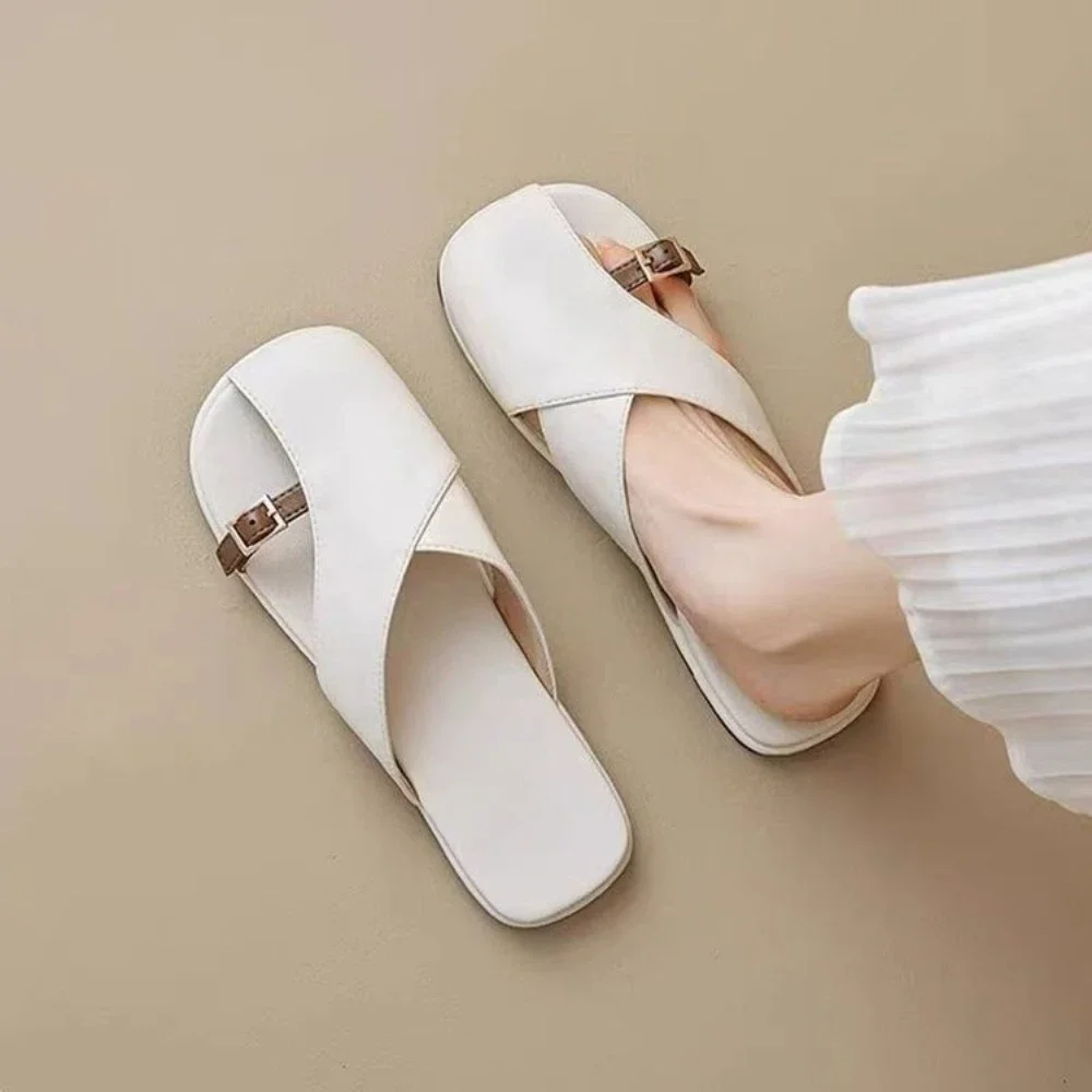 Luxe Soft Leather Thong Mules with Buckle Strap Flat Backless Slides Premium Comfort Summer Shoes Dressy Casual Streetwear