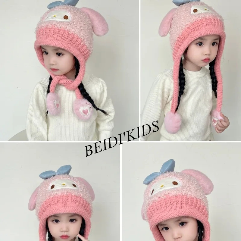 Kuromi Winter Hat Child Woolen Hat Cartoon Sanrios Anime Student Windproof Kawaii Cartoon Tab Knitted Hat Thicken Keep Warm