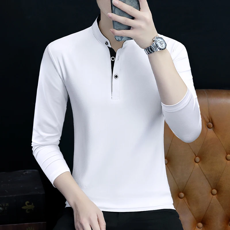 Autumn Men's Fashion Casual Base Long-Sleeved T-Shirt with Small Collar