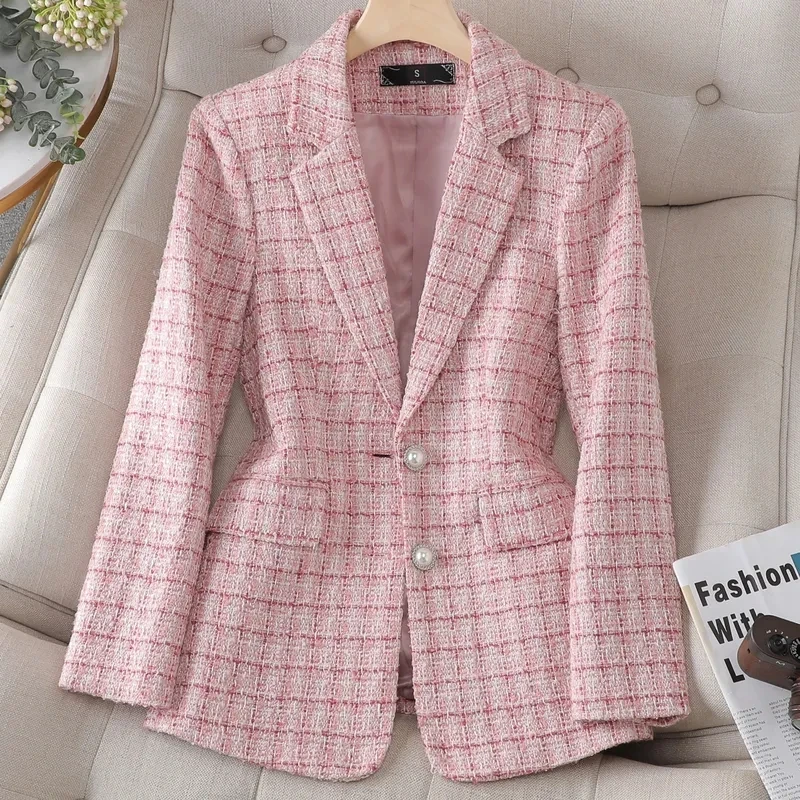 White Pink Plaid Blazer Women Jacket Business Wear Casual Suit Female Tops Autumn Winter Long Sleeve Woolen Blazer Ladies Coat