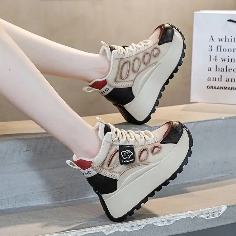 Vintage Washed Leather High Top Platform Trainers Ladies Brown Beige Contrast Color Non-slip Chunky Sole Lace Up Casual Sneakers