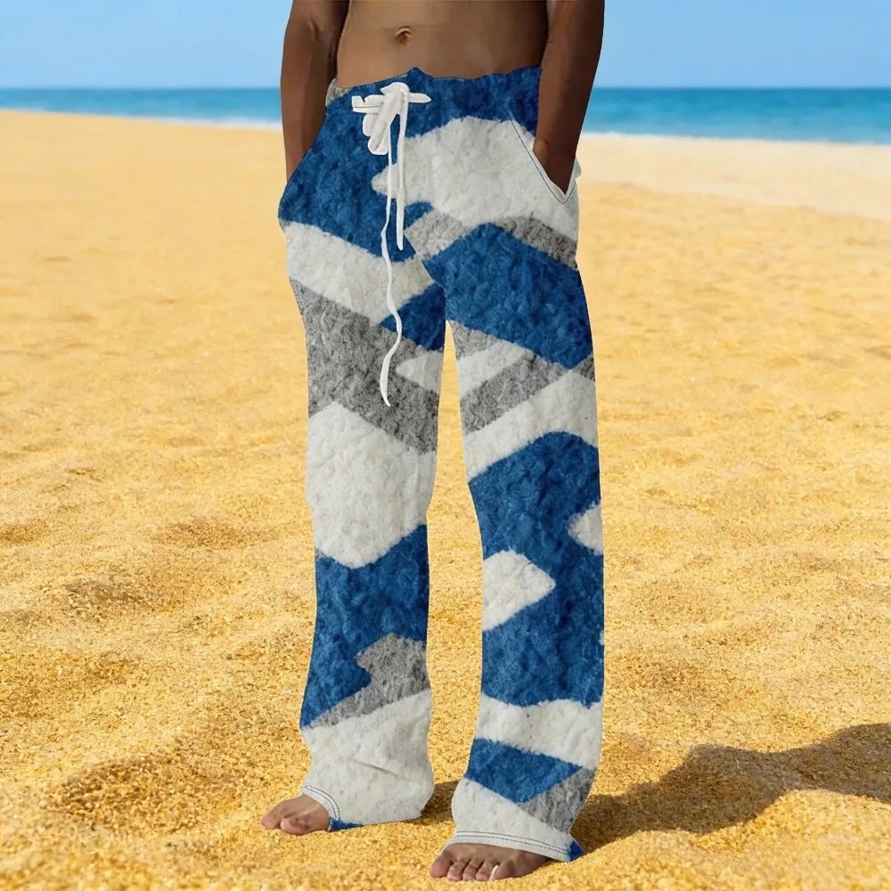 Vintage Style Men's Casual Pants Abstract Geometric Pattern Trousers Bohemian Drawstring Waist Relaxed Fit Summer Wide Leg Pants