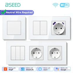 BSEED WIFI Light Switch 1/2/3Gang 2Way Smart Click Button Switch With EU Wall Socket Glass Panel Tuya Smart Life Alexa Control