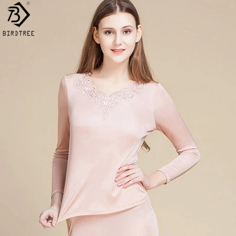 

Birdtree,100% Real Silk Knitted Undershirt Long Johns Set,Women's Embroidery Bottoming Shirt Suits,2026 Spring New T61317JF