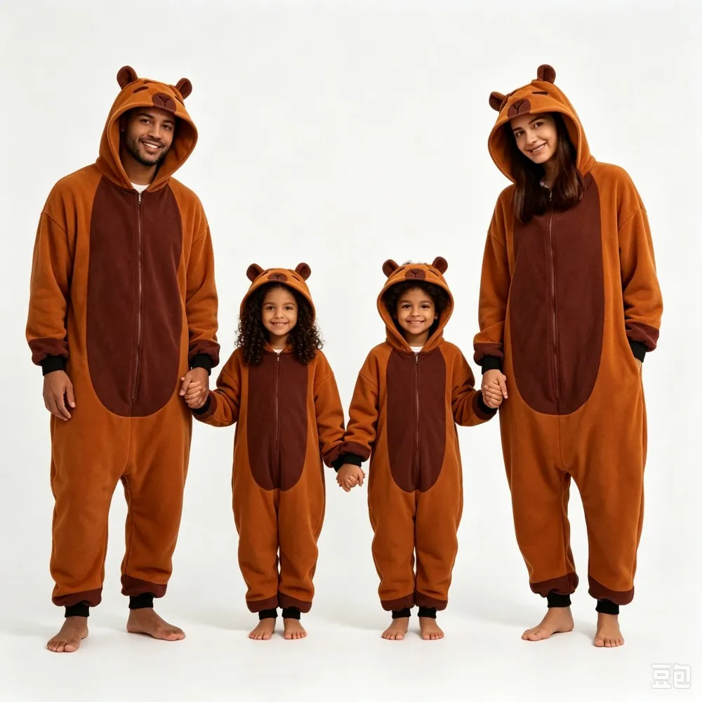 Family Matching Kigurumi Capybara Onesies Animal Cartoon One Piece Hooded Zipper Jumpsuits Family Look Cosplay Costume Homewear
