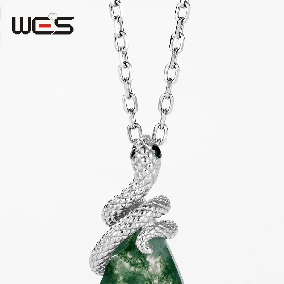 WES 100% 925 الفضة الأفعى الطبيعية 7*11 مللي متر الطحلب العقيق قلادة قلادة للنساء المشاركة الحيوان الغابات مجوهرات هدية بالجملة #4