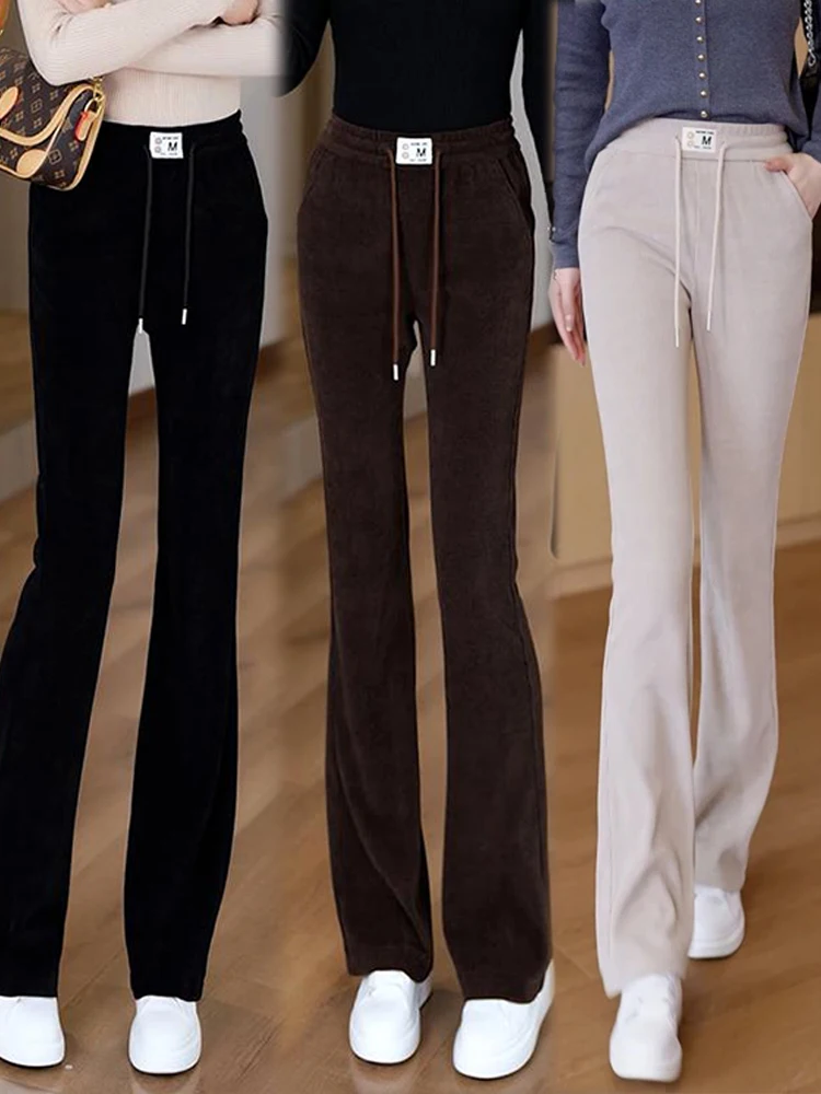Damskie spodnie do jogi z wysokim stanem, jesień-zima 2025, nowe, codzienne, sportowe, rozszerzane, wyszczuplające, europejskie, z bawełny i aksamitu.