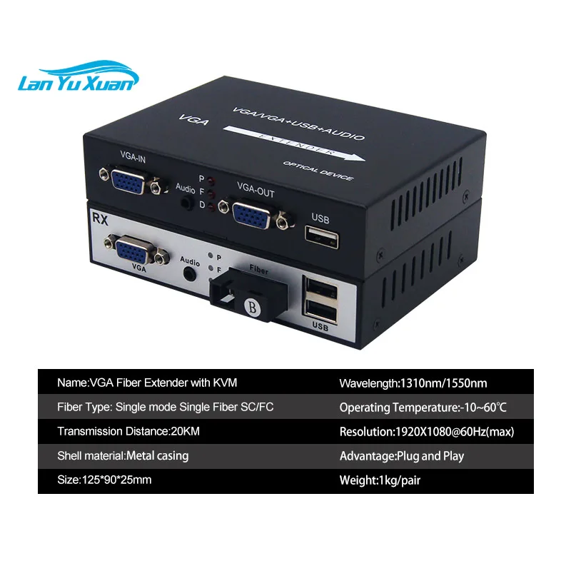 1080P VGA KVM Over Fiber Converter Via Single Mode Single Fiber Extender up to 20km with Audio VGA Loop-out