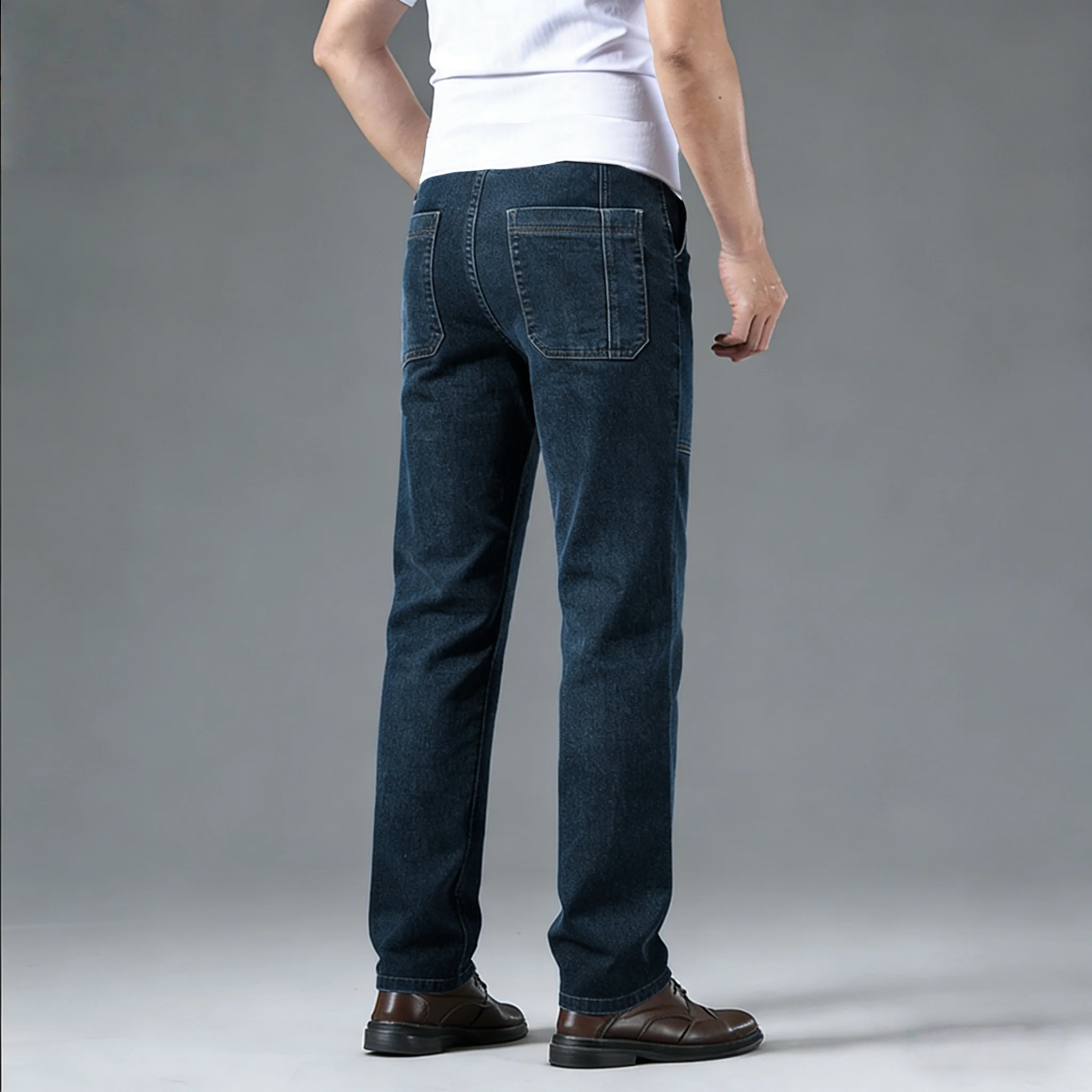 Men's retro workwear jeans, slim fit straight leg with multiple pockets, micro elastic versatile casual pants